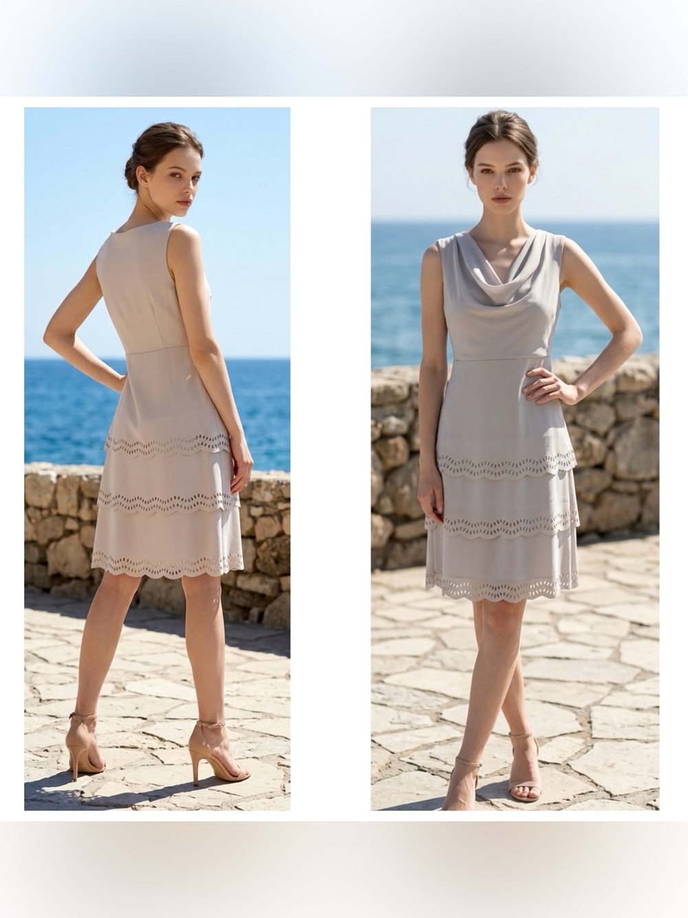 Spense Women Sz 4 Sleeveless lined laser cut draped neck Beige Scallop Hem Dress